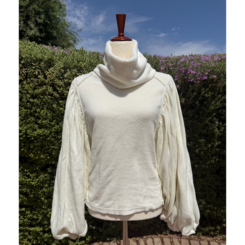 Free People Cream Cowl Neck Balloon Sleeve Pullover Top Small Boho Exposed Seams